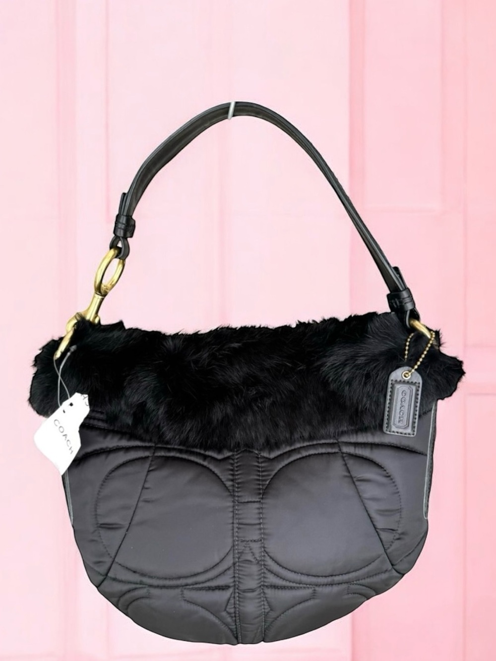 🆕 Coach Fur Signature Shoulder Bag Black Quilted Hobo